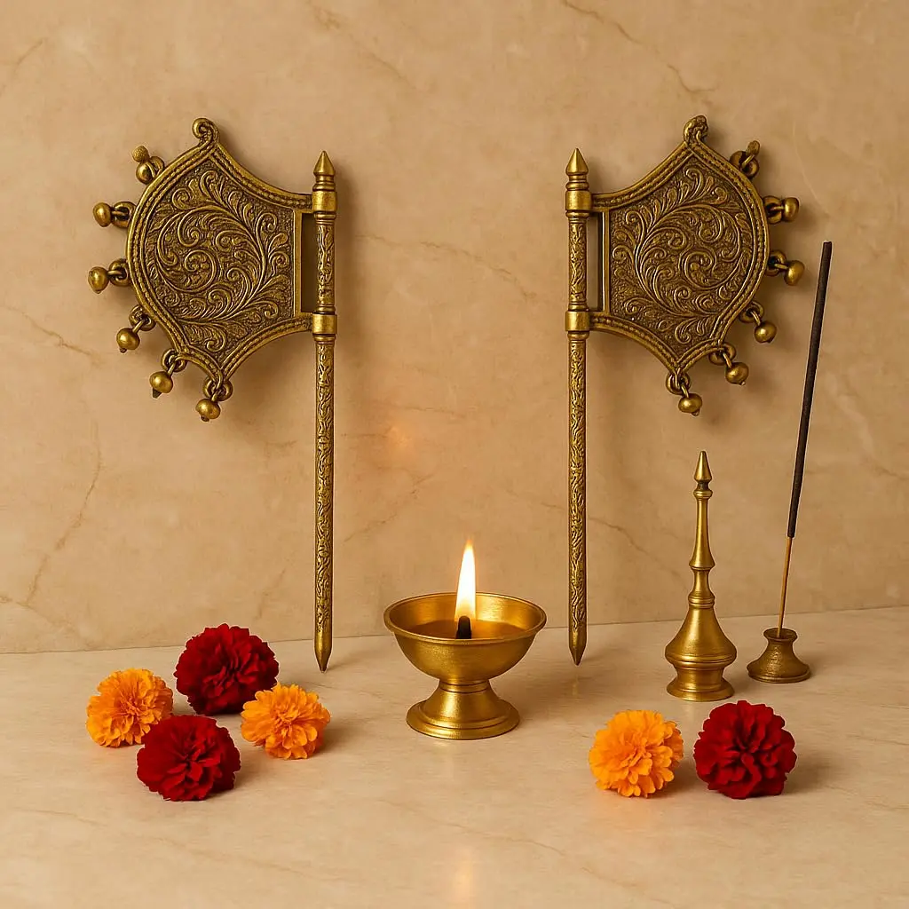 Garden Of Arts Brass Handheld Temple Fan Set of 2 | 21 cm (8 Inch) Traditional Pooja Fan with Ghungroo Bells - view 5