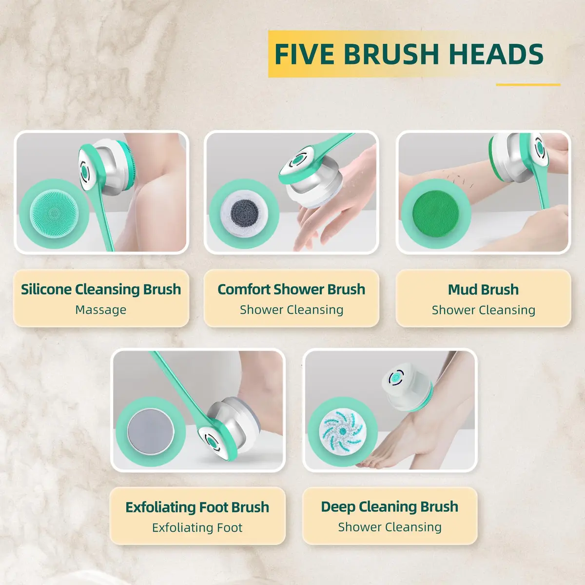 Loodic Electric Back Scrubber with 5 Brush Heads, Rechargeable Long Handle (Green) | 41cm (15.75 Inch) - view 6
