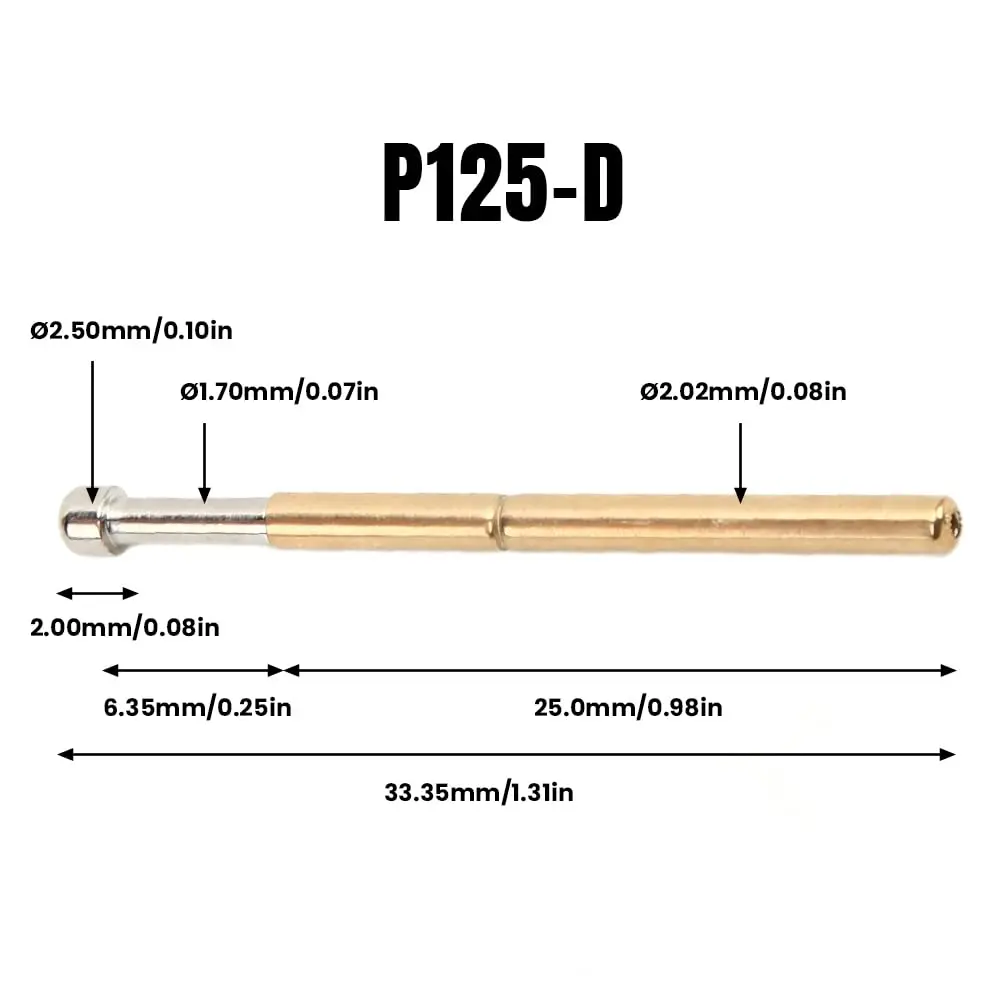 BORDSTRACT P125-D Spring Test Probes 100Pcs (2.02mm Needle Dia, 33.35mm Length) | High Accuracy Round Pogo Pins for PCB Testing - view 2