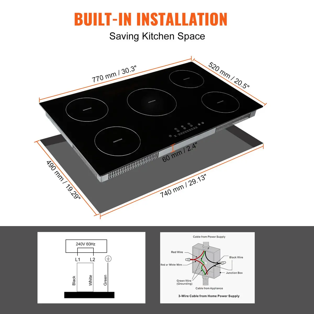 VEVOR 36'' Electric Cooktop 9200W 5 Burners | Vitroceramic Glass & Metal Casing, 220-240V Compatible - view 3