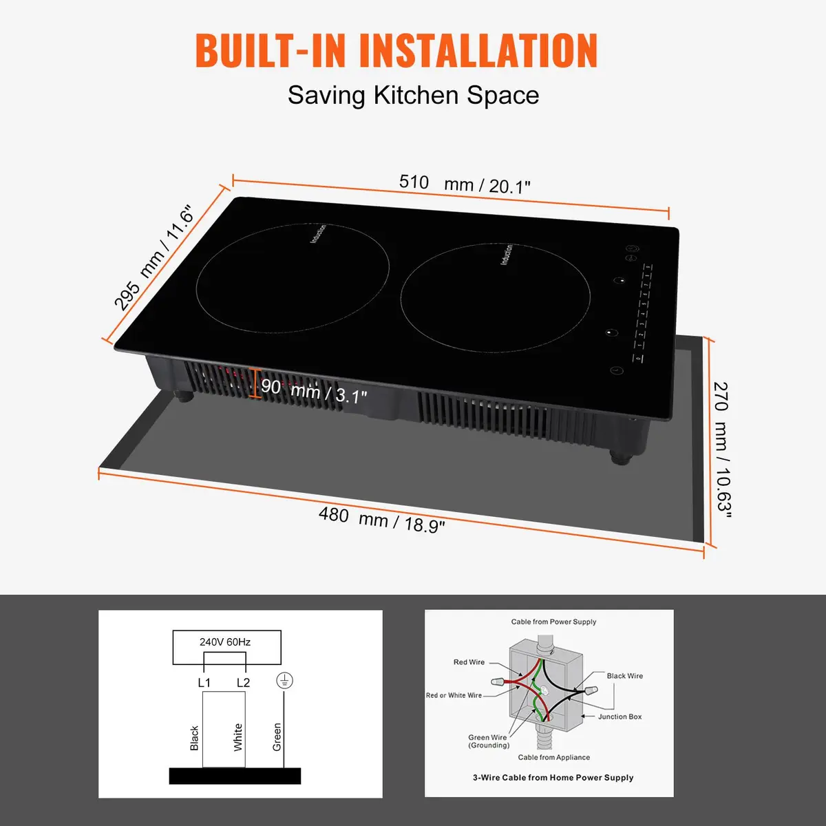 VEVOR 2-Burner Induction Cooktop 3000W 12'' Built-in 220V | Touch Control with 9 Heating Levels & Timer - view 6