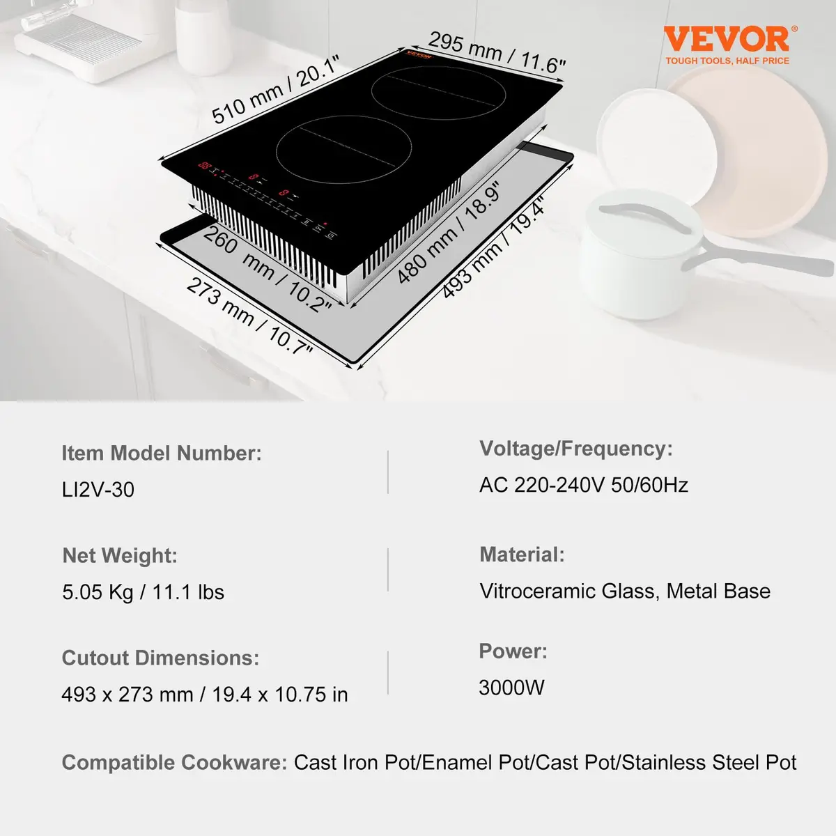 VEVOR 2-Burner Induction Cooktop 3000W 12'' Built-in 220V | Touch Control with 9 Heating Levels & Timer - view 7