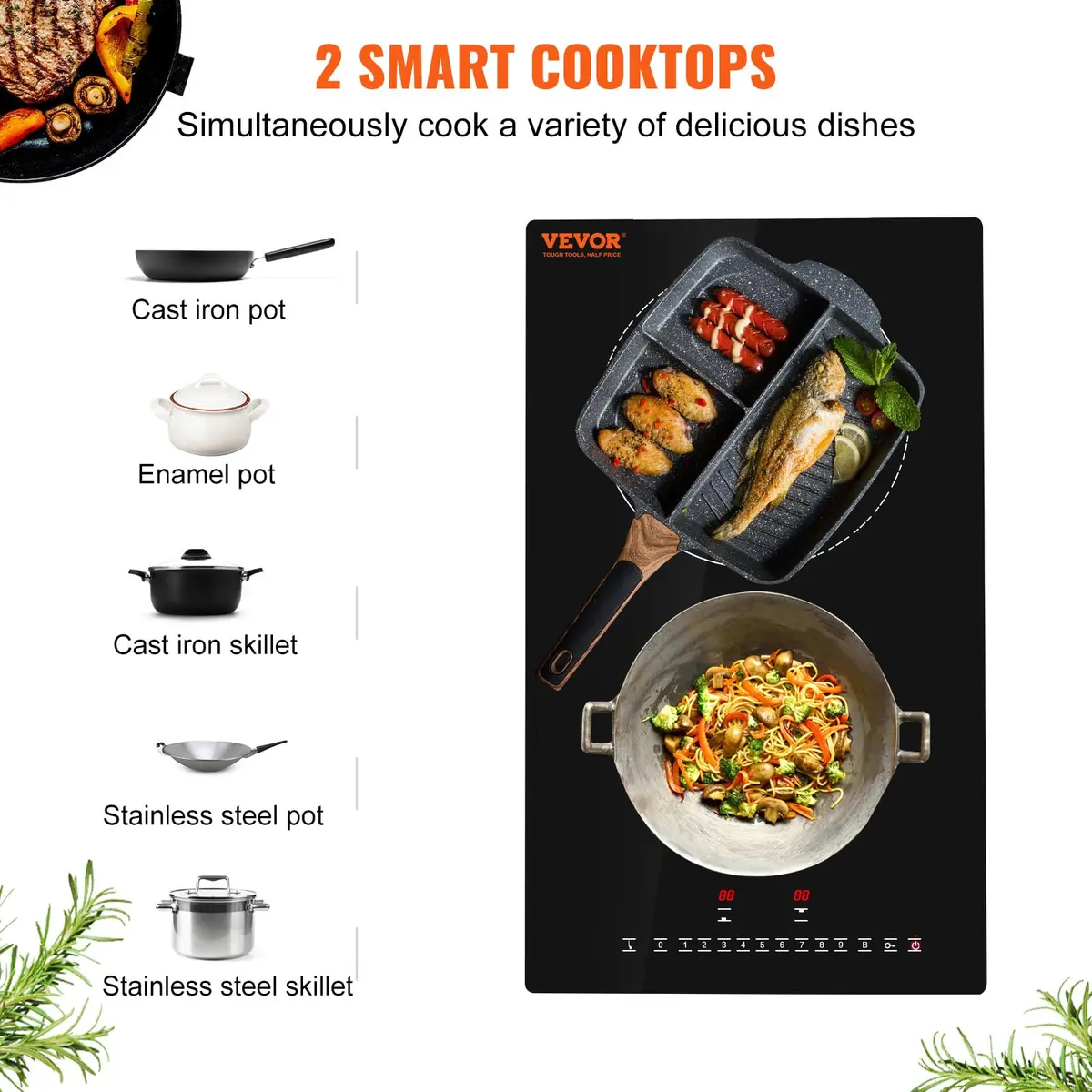 VEVOR 2-Burner Induction Cooktop 3000W 12'' Built-in 220V | Touch Control with 9 Heating Levels & Timer - view 2