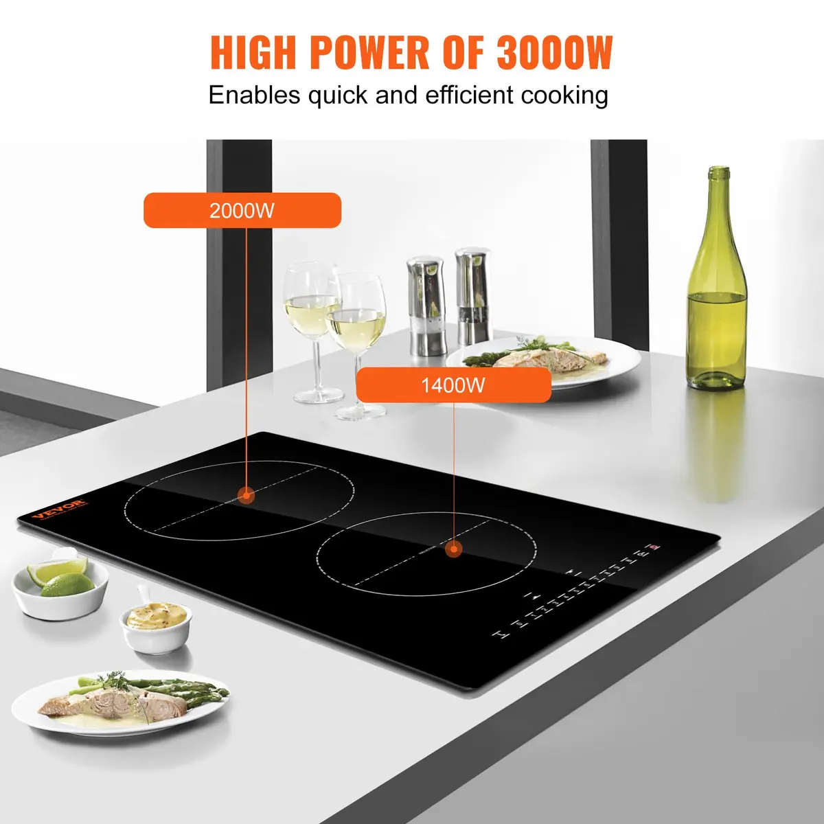 VEVOR 2-Burner Induction Cooktop 3000W 12'' Built-in 220V | Touch Control with 9 Heating Levels & Timer - view 3
