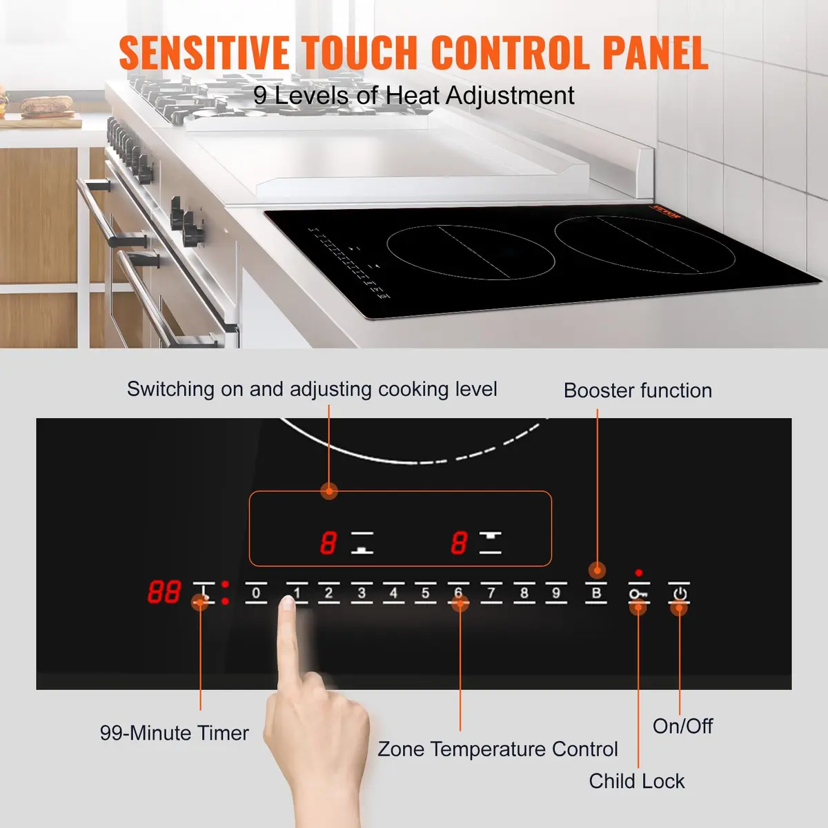 VEVOR 2-Burner Induction Cooktop 3000W 12'' Built-in 220V | Touch Control with 9 Heating Levels & Timer - view 4