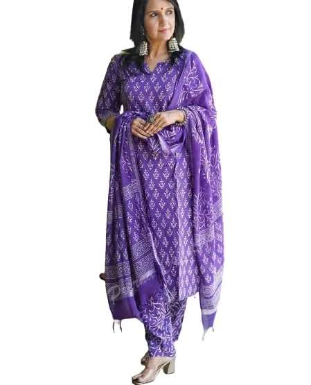 Meera Fab Women's Cotton Printed Straight Kurta With Palazzo & Dupatta Set Medium Purple | 3-Piece Ethnic Wear - view 10