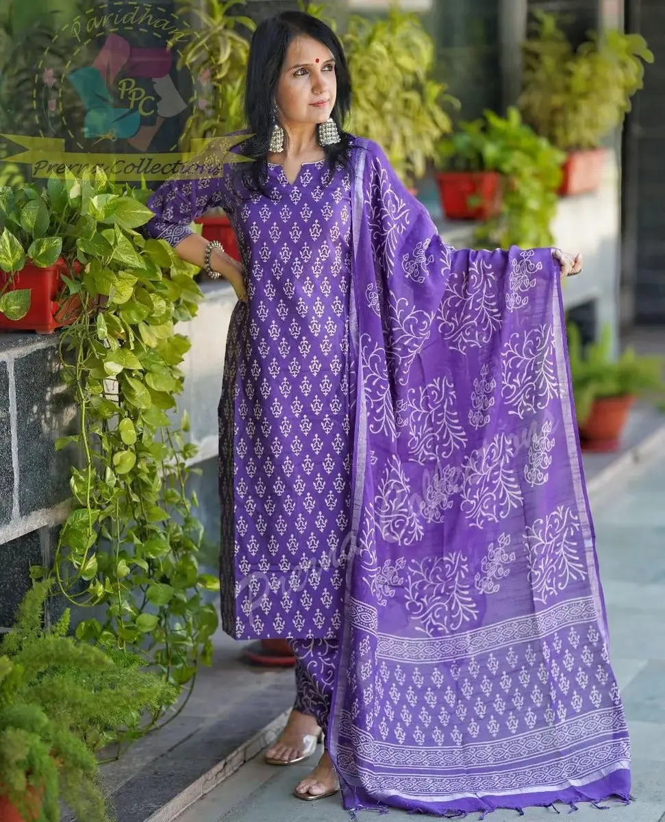 Meera Fab Women's Cotton Printed Straight Kurta With Palazzo & Dupatta Set Medium Purple | 3-Piece Ethnic Wear - view 2