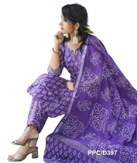 Meera Fab Women's Cotton Printed Straight Kurta With Palazzo & Dupatta Set Medium Purple | 3-Piece Ethnic Wear - view 6