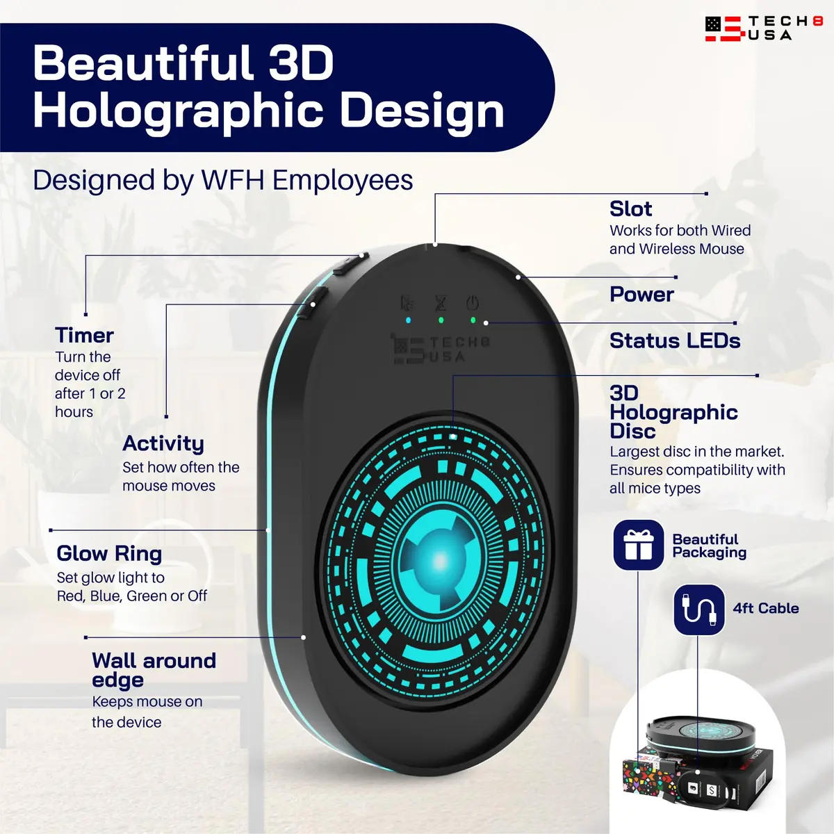 TECH8 USA Undetectable Mouse Mover Jiggler with Ambient Glow Ring and 3D Hologram Alien Disc, Plug & Play, No Software Required - view 6