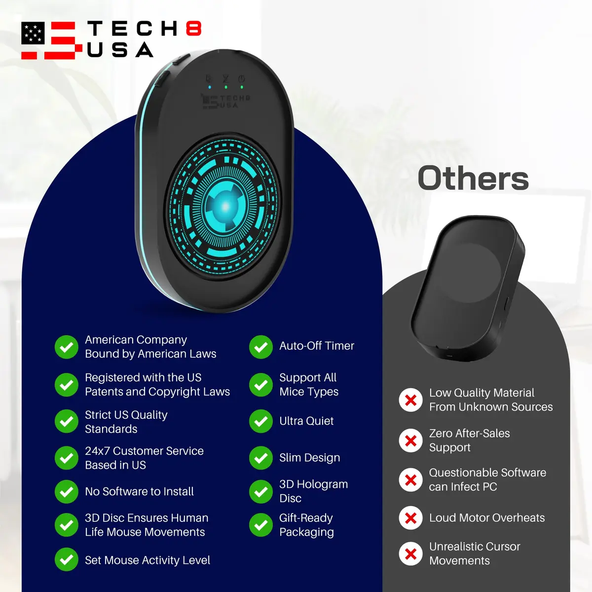 TECH8 USA Undetectable Mouse Mover Jiggler with Ambient Glow Ring and 3D Hologram Alien Disc, Plug & Play, No Software Required - view 7