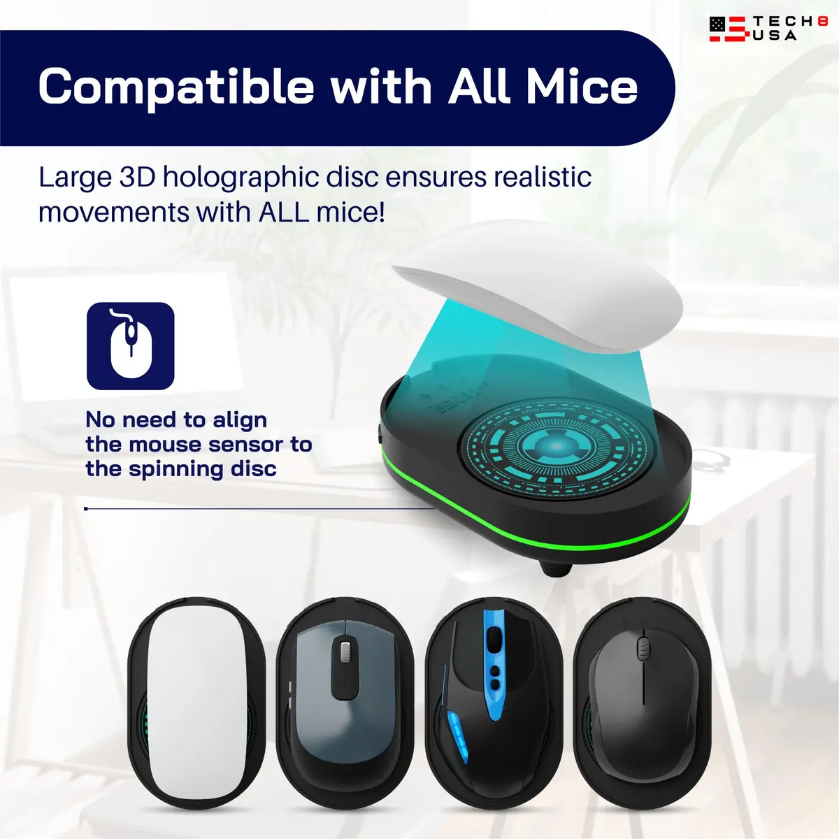 TECH8 USA Undetectable Mouse Mover Jiggler with Ambient Glow Ring and 3D Hologram Alien Disc, Plug & Play, No Software Required - view 3