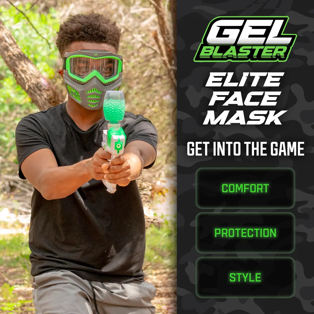 Gel Blaster Elite Face Mask with Detachable Goggles & Glow-in-the-Dark Trim, Green | Ages 14+ Tactical Paintball Mask - view 2