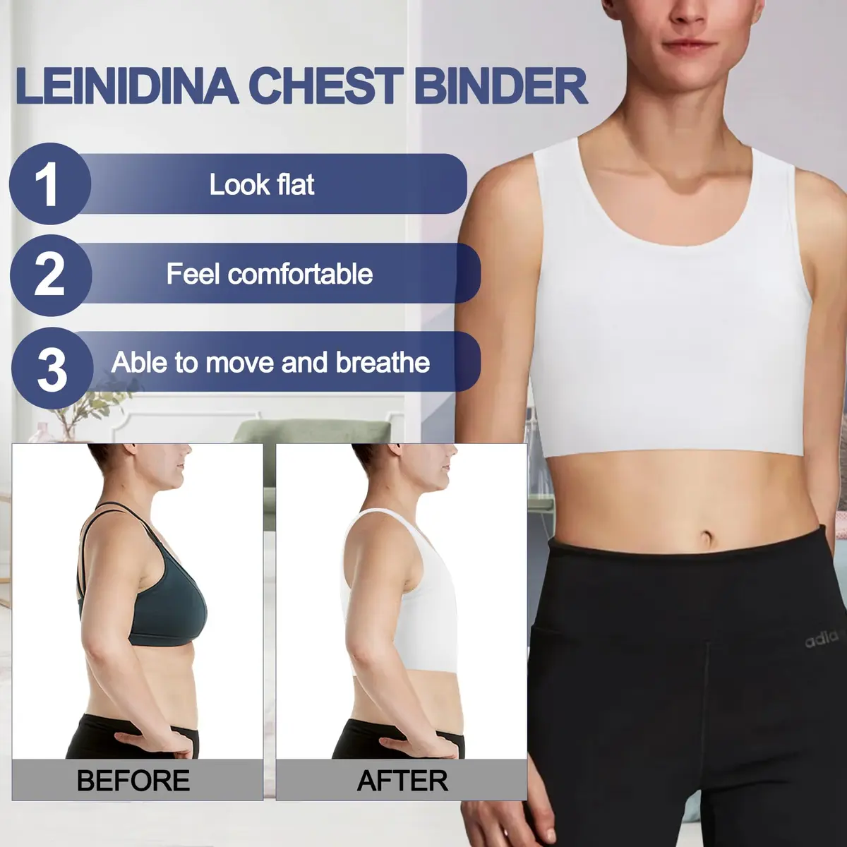 LEINIDINA Chest Binder Bra Transgender FTM LGBT Compression Tank Top, White | Flat Chest, Comfortable Fit - view 3