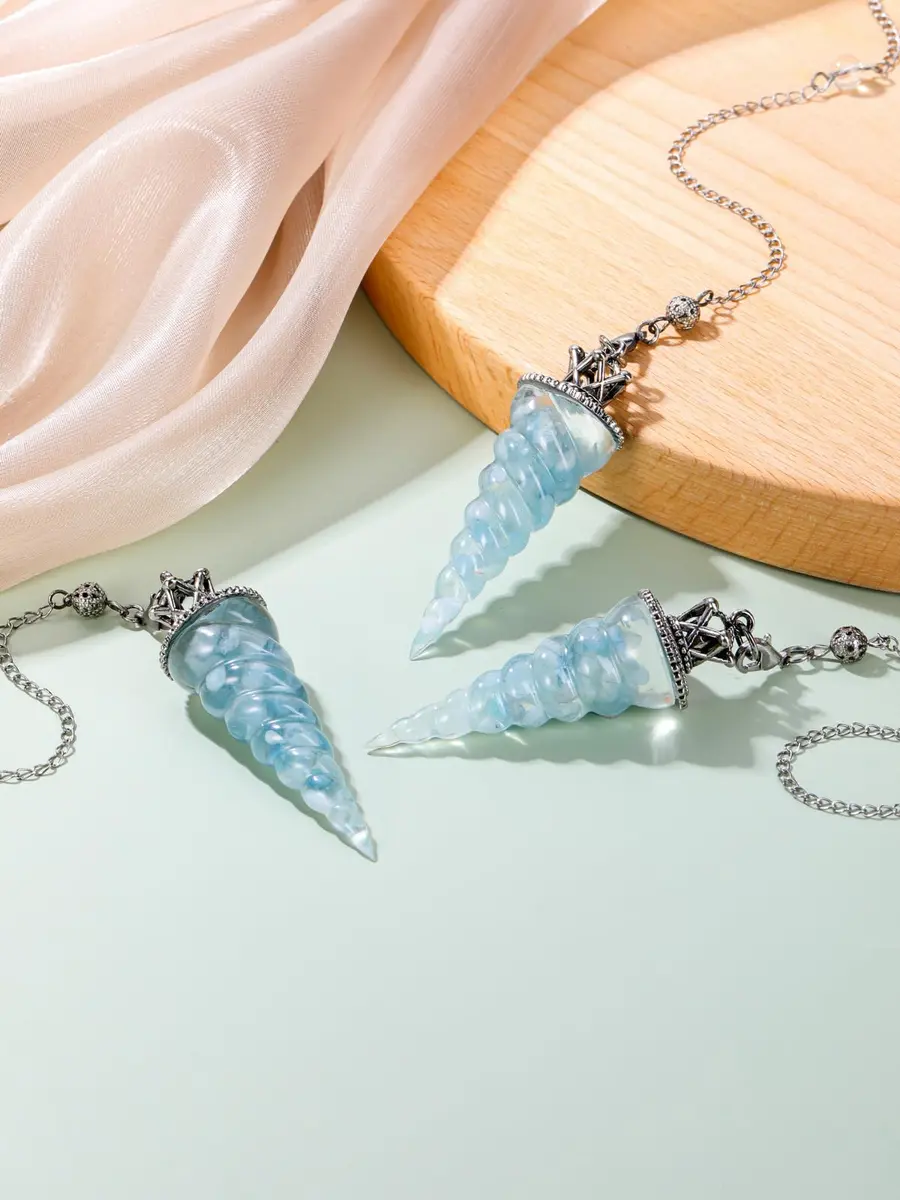 Jovivi Natural Aquamarine Crystal Pendulum for Divination Dowsing, 52mm (2.05") Cone Pointed Pendant with 9" Chain, Resin Chip Stones Healing Reiki Chakra Gemstone - view 4