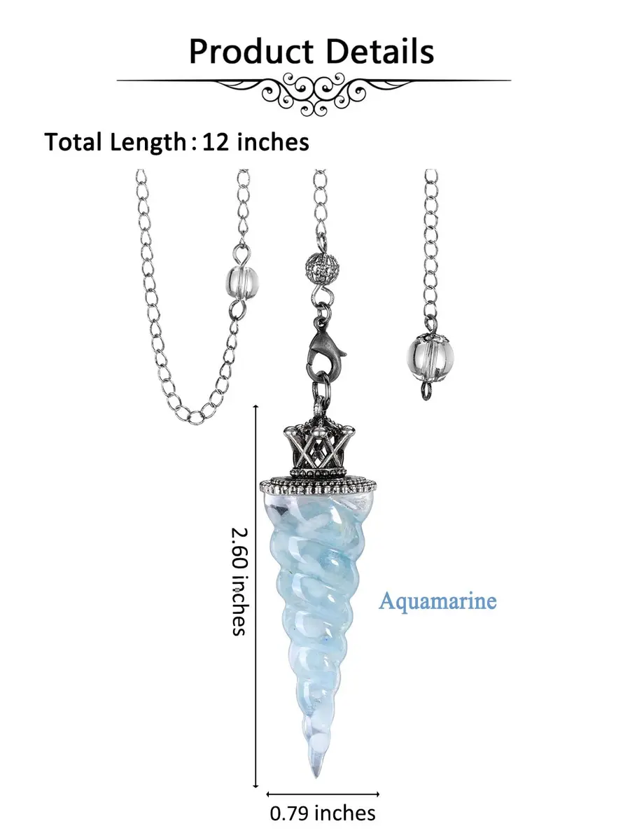 Jovivi Natural Aquamarine Crystal Pendulum for Divination Dowsing, 52mm (2.05") Cone Pointed Pendant with 9" Chain, Resin Chip Stones Healing Reiki Chakra Gemstone - view 5
