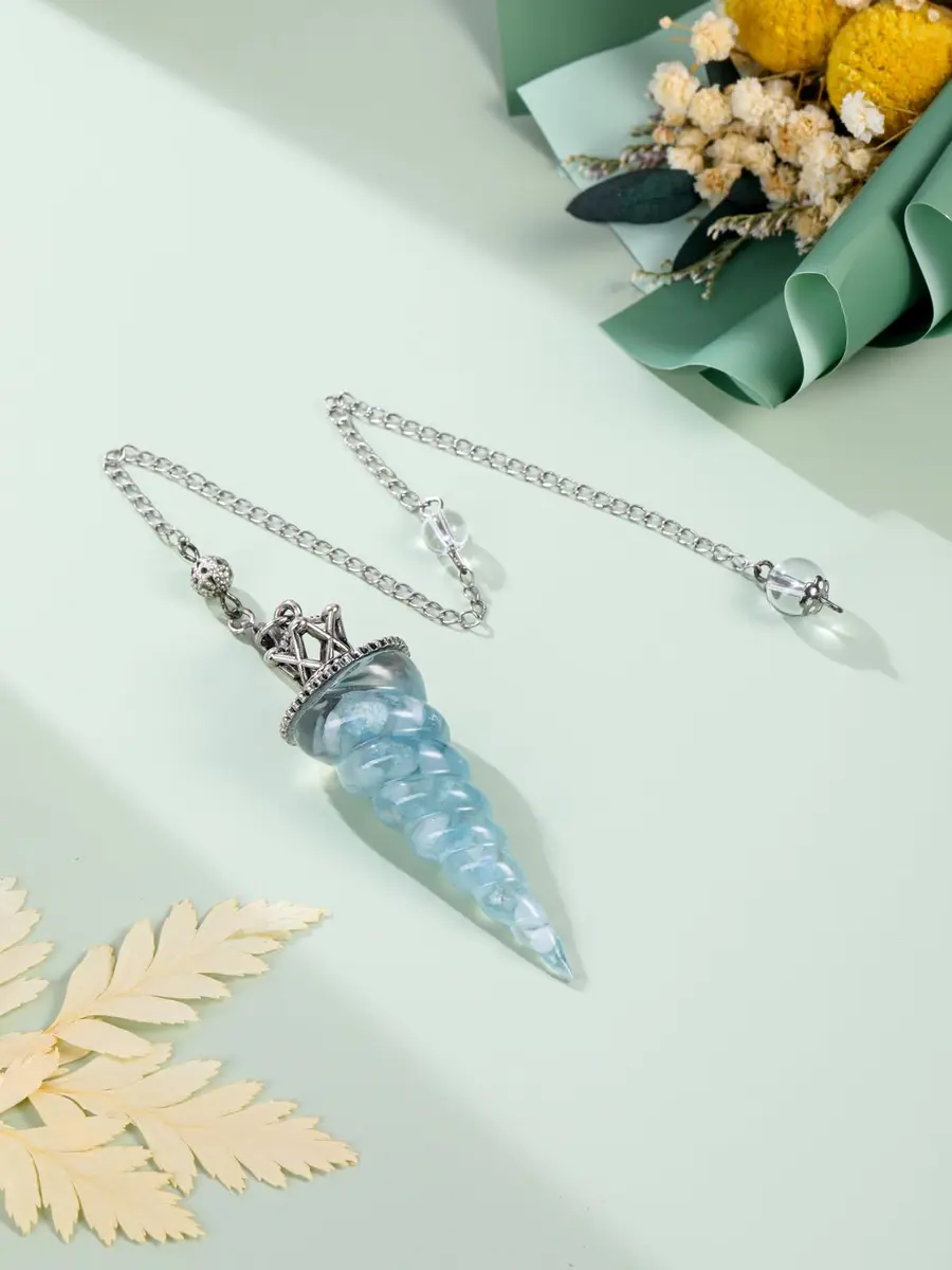 Jovivi Natural Aquamarine Crystal Pendulum for Divination Dowsing, 52mm (2.05") Cone Pointed Pendant with 9" Chain, Resin Chip Stones Healing Reiki Chakra Gemstone - view 2