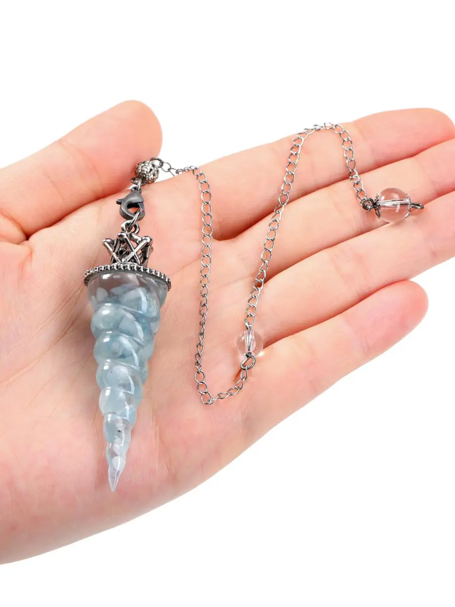 Jovivi Natural Aquamarine Crystal Pendulum for Divination Dowsing, 52mm (2.05") Cone Pointed Pendant with 9" Chain, Resin Chip Stones Healing Reiki Chakra Gemstone - view 3