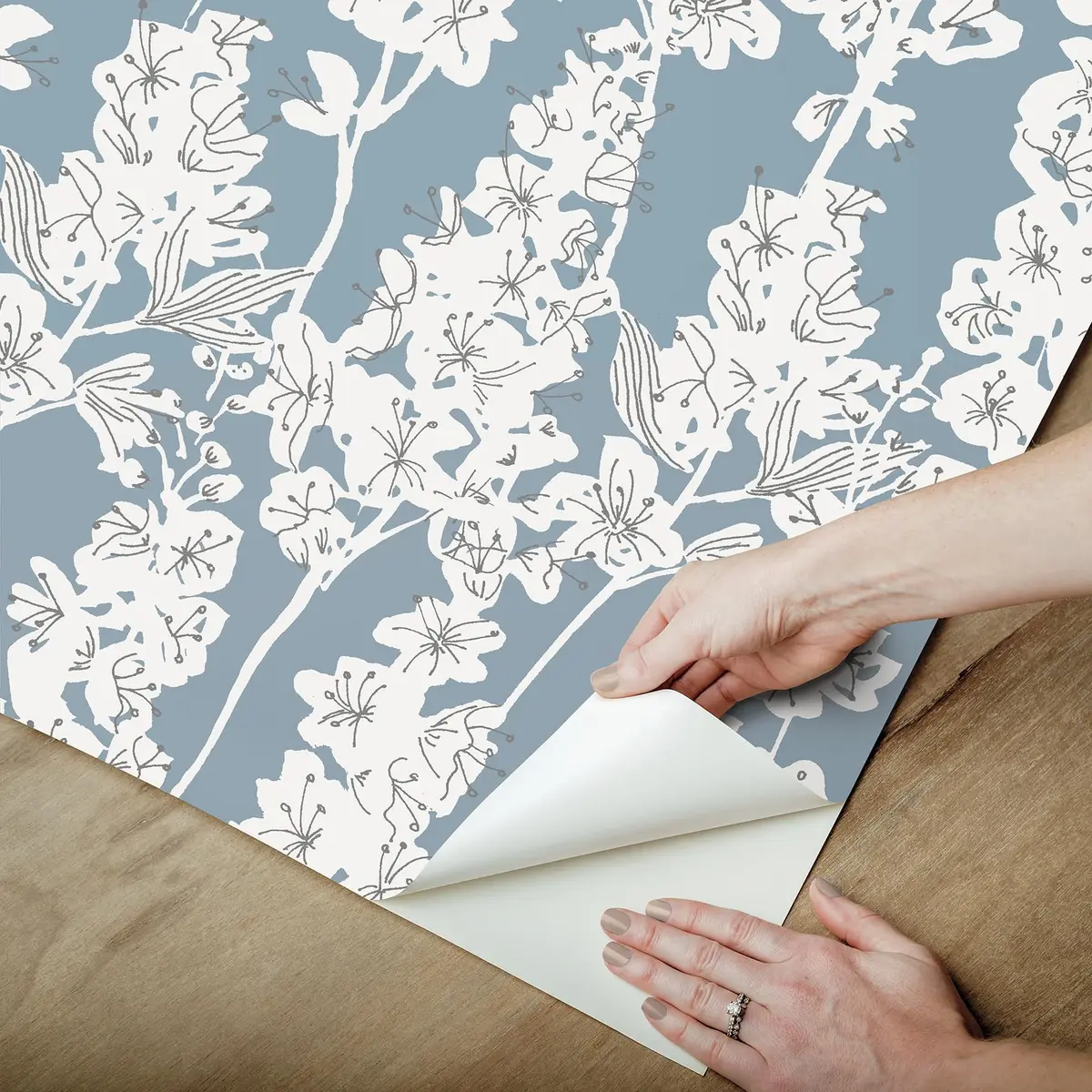 By Dylan M Blue Larkspur Peel and Stick Wallpaper | Botanical Floral Design, 20.5" x 216" - view 5