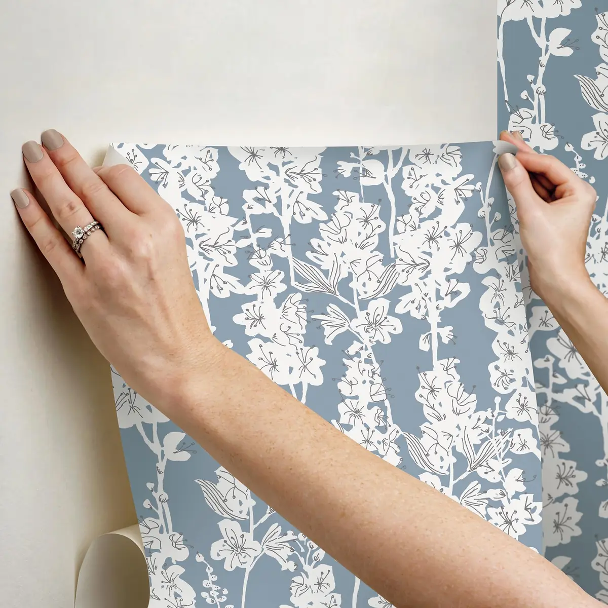 By Dylan M Blue Larkspur Peel and Stick Wallpaper | Botanical Floral Design, 20.5" x 216" - view 6