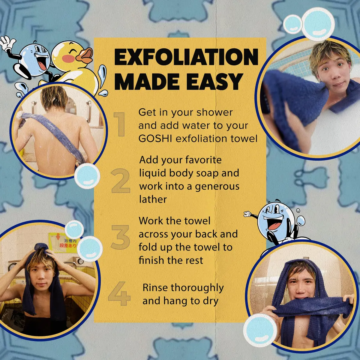 GOSHI Exfoliating Shower Towel - Long Body Scrubber, Blue | Rip-Resistant, Gentle & Effective - view 7