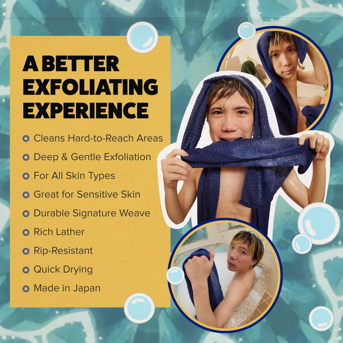 GOSHI Exfoliating Shower Towel - Long Body Scrubber, Blue | Rip-Resistant, Gentle & Effective - view 3