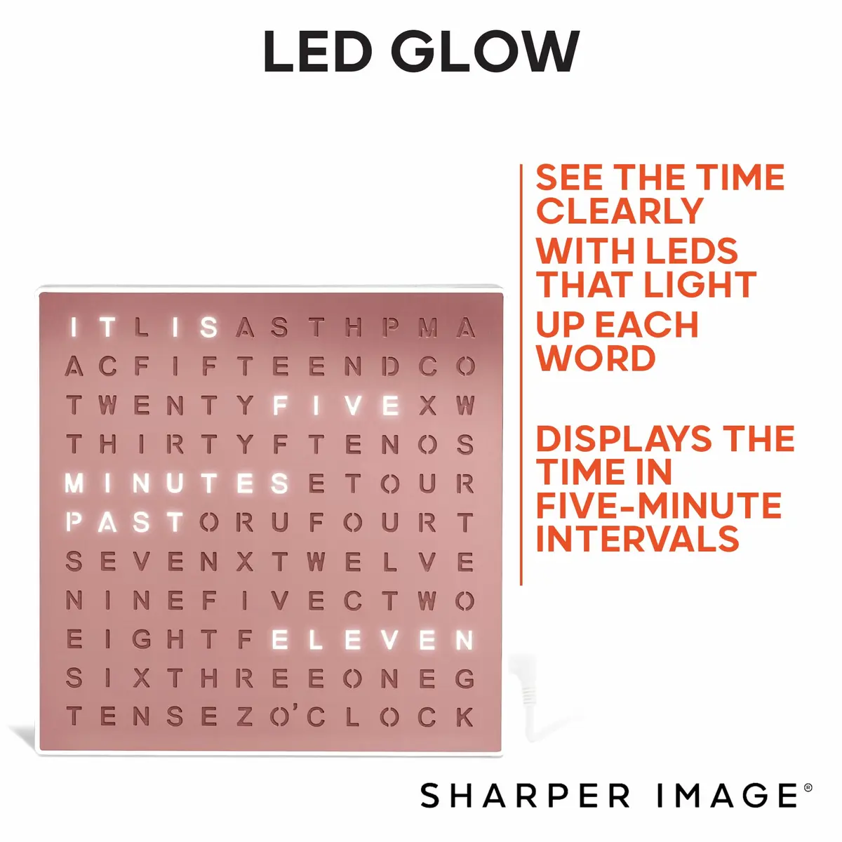 Sharper Image LED Word Clock 7.75" Rose Gold Finish | Modern Time Display with 5-Minute Alerts - view 5