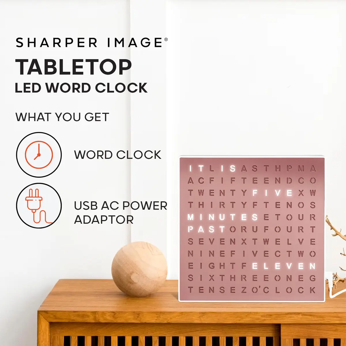 Sharper Image LED Word Clock 7.75" Rose Gold Finish | Modern Time Display with 5-Minute Alerts - view 2