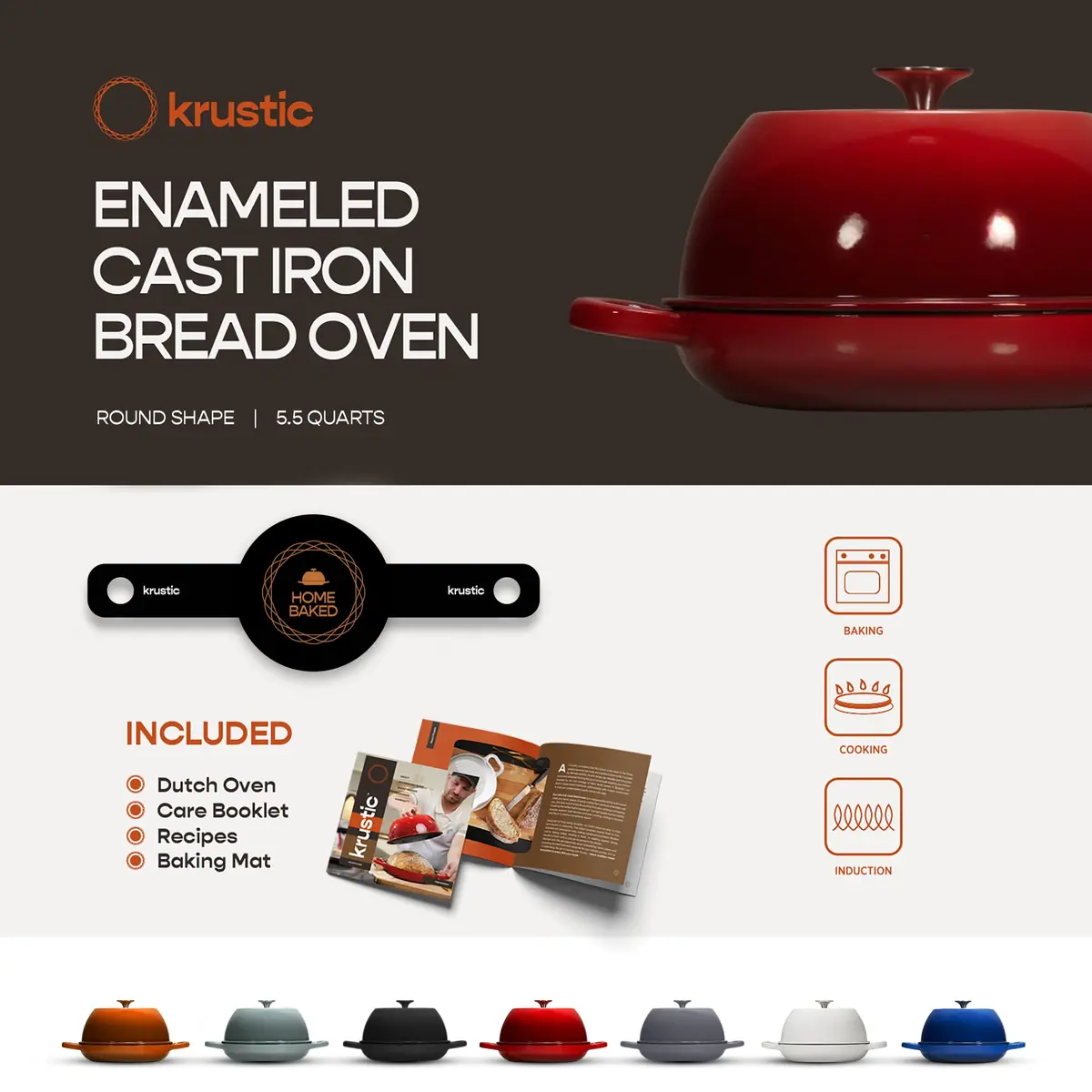 Krustic 6 Qt Enameled Cast Iron Dutch Oven for Sourdough Bread | 10 Inch Red - view 5