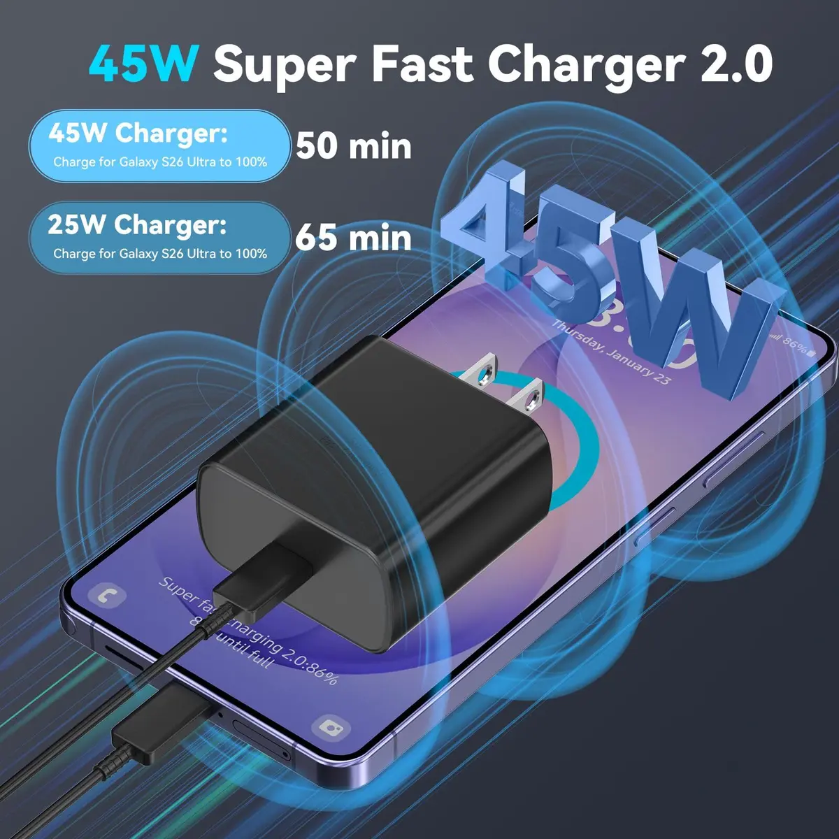 Ubearkk 45W USB Type C Charger with 8ft Cable | Fast Charging for Samsung & More - view 2