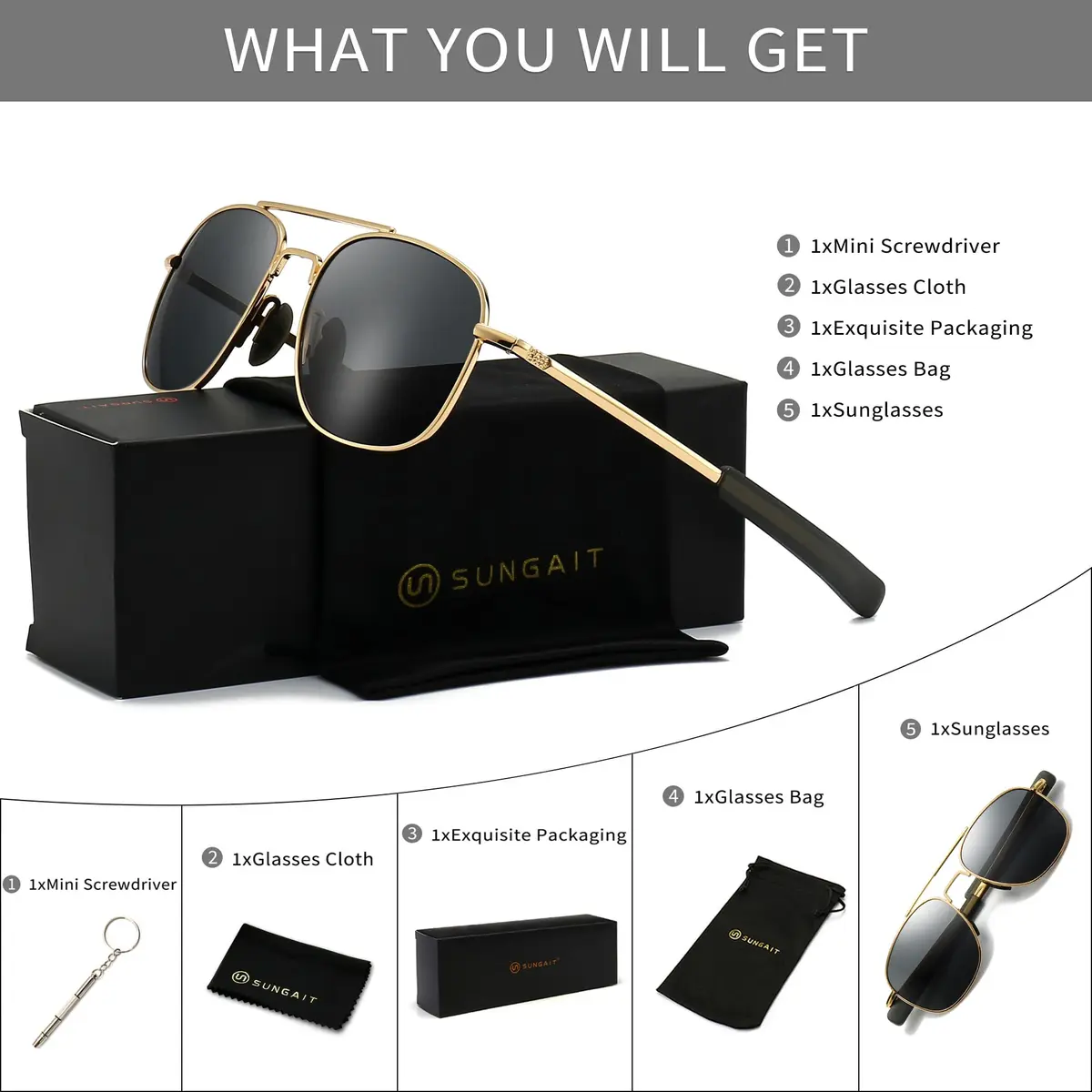 SUNGAIT Men's Military Style Polarized Pilot Aviator Sunglasses Bayonet Temples | HD UVA/UVB Protection & Durable Metal Frame - view 7