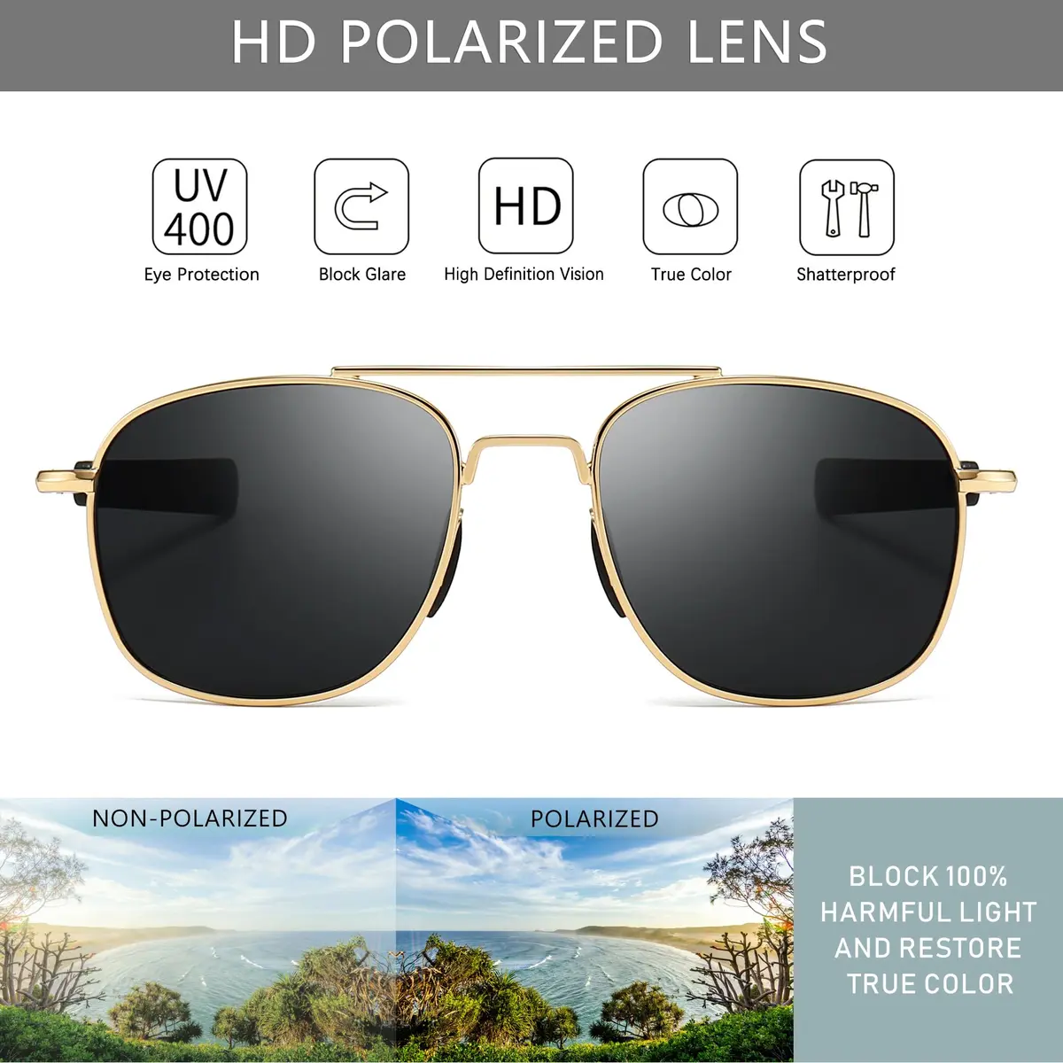 SUNGAIT Men's Military Style Polarized Pilot Aviator Sunglasses Bayonet Temples | HD UVA/UVB Protection & Durable Metal Frame - view 3