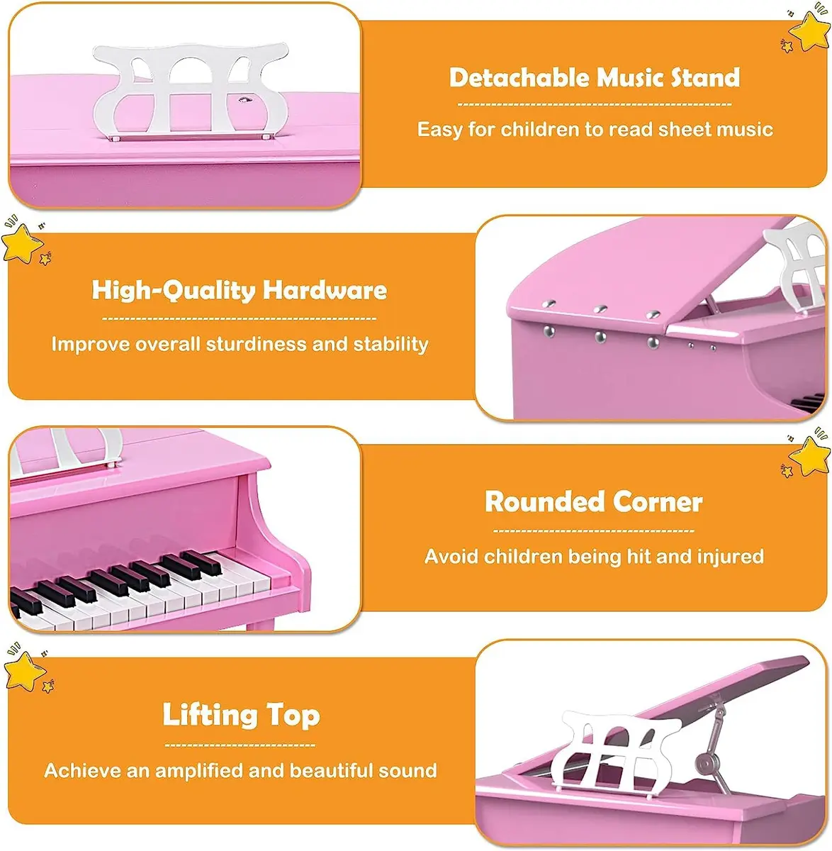 HONEY JOY Classical Kids Piano 30-Key Mini Grand Pink | Wooden Musical Toy for 3+ - view 5