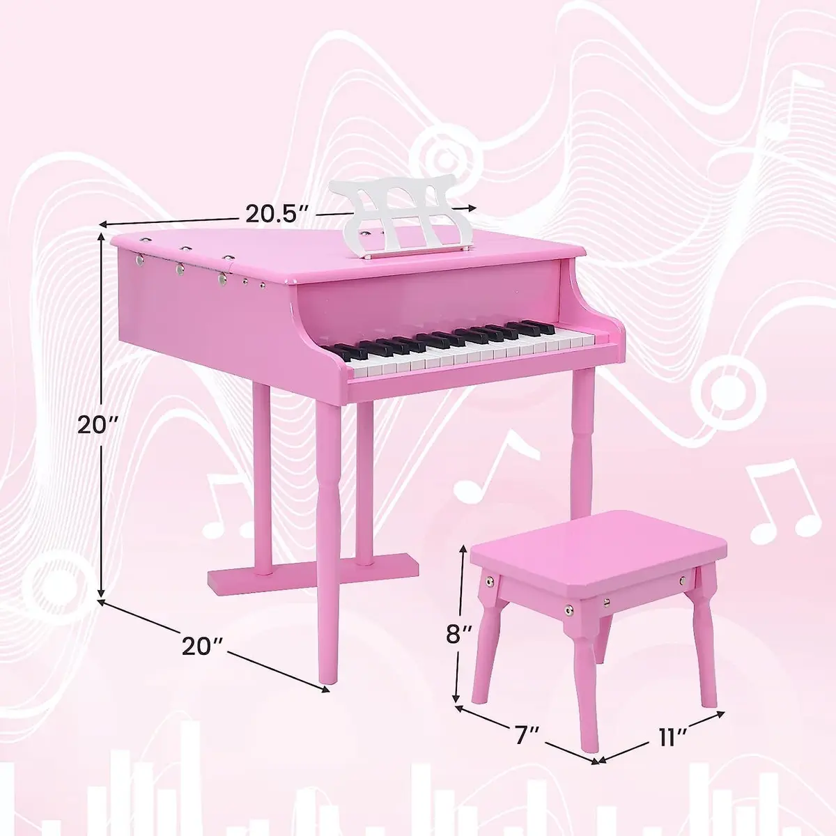 HONEY JOY Classical Kids Piano 30-Key Mini Grand Pink | Wooden Musical Toy for 3+ - view 6