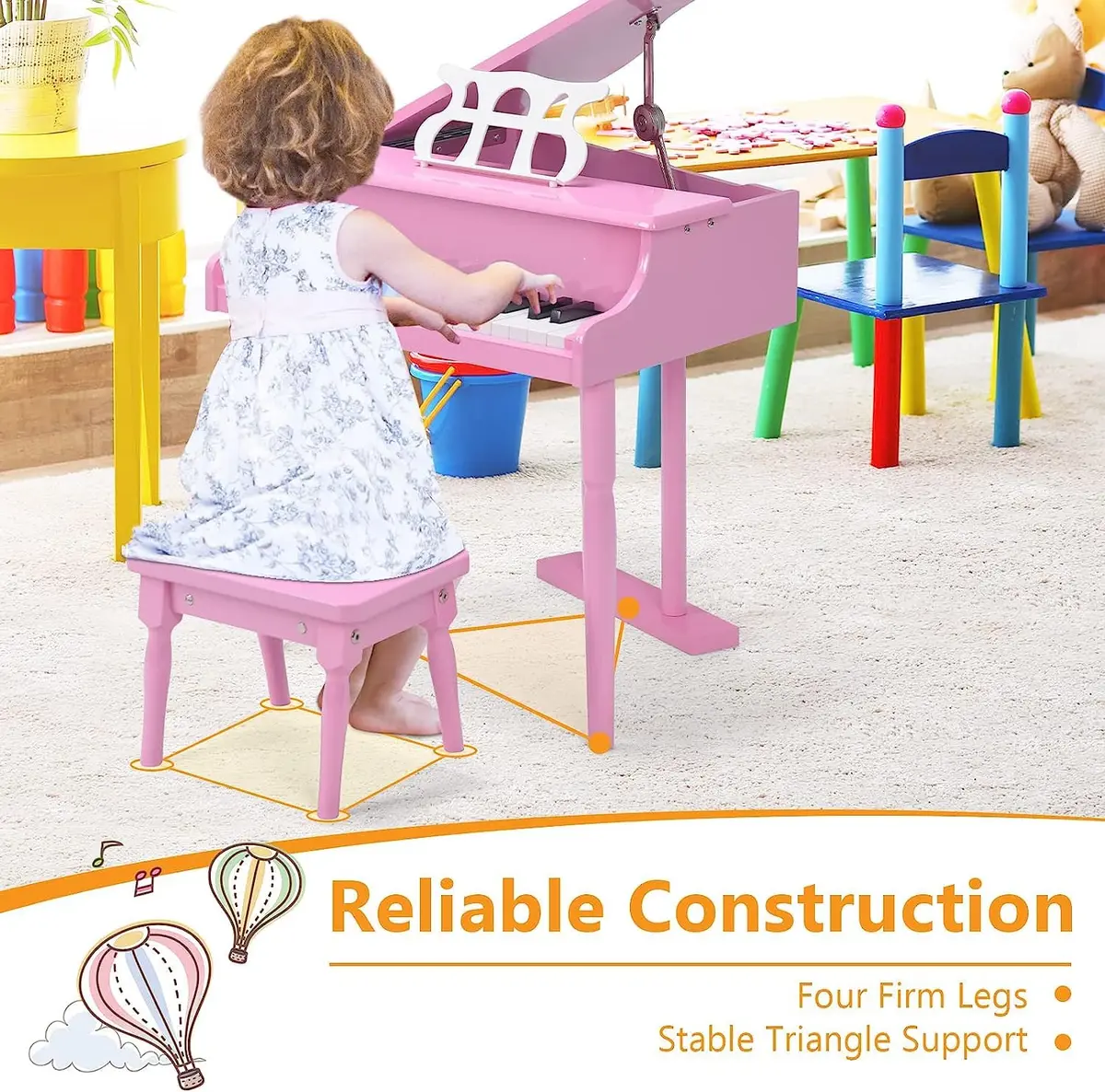 HONEY JOY Classical Kids Piano 30-Key Mini Grand Pink | Wooden Musical Toy for 3+ - view 7