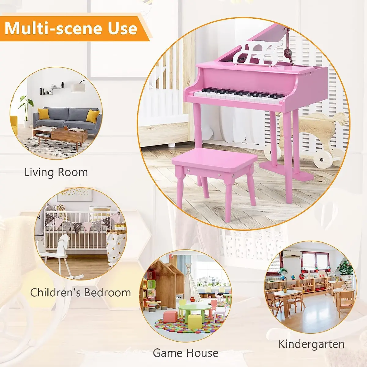 HONEY JOY Classical Kids Piano 30-Key Mini Grand Pink | Wooden Musical Toy for 3+ - view 8