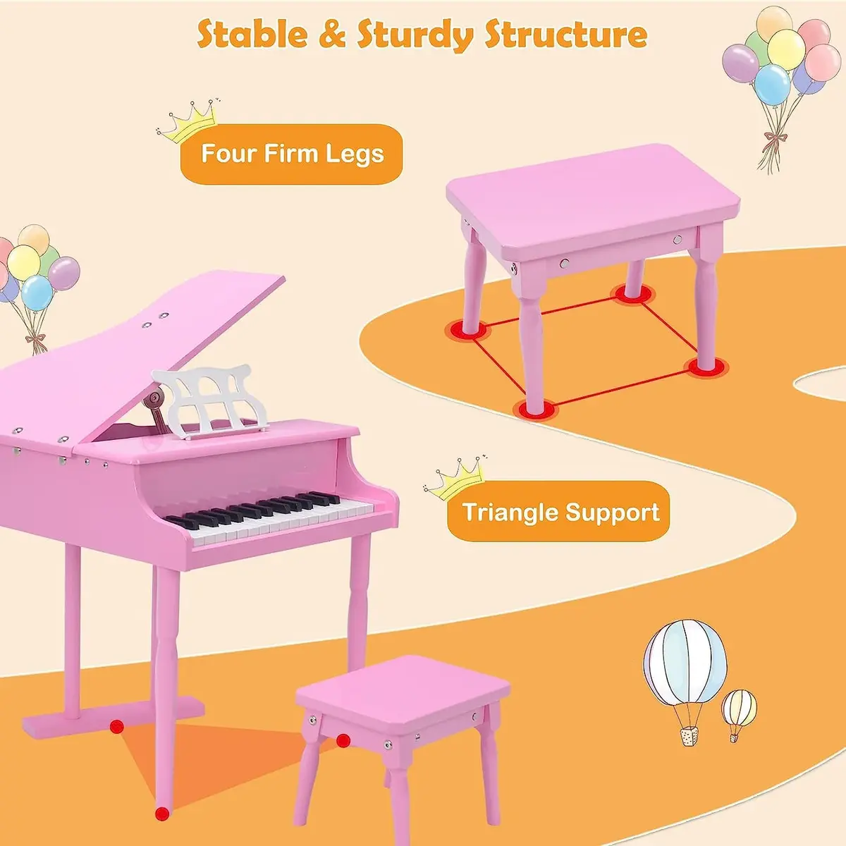 HONEY JOY Classical Kids Piano 30-Key Mini Grand Pink | Wooden Musical Toy for 3+ - view 9