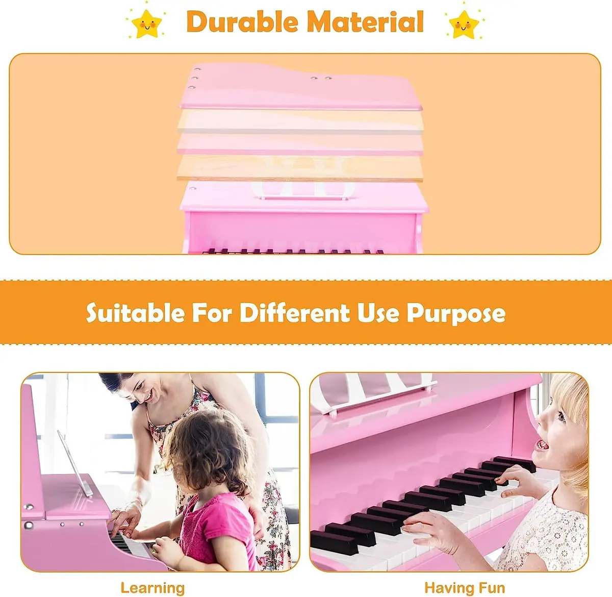 HONEY JOY Classical Kids Piano 30-Key Mini Grand Pink | Wooden Musical Toy for 3+ - view 2