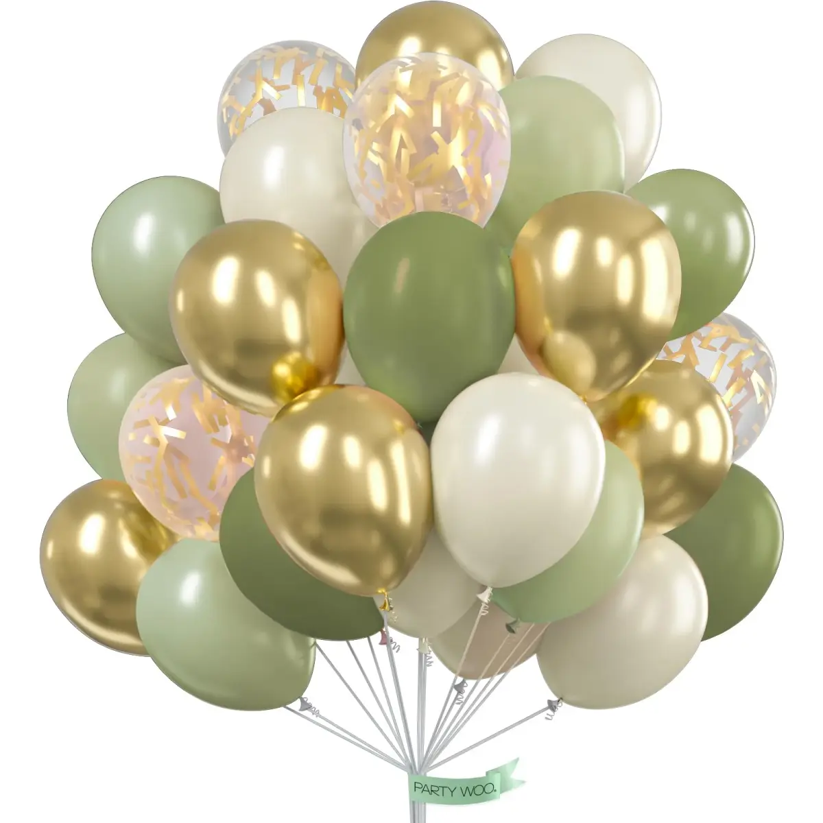 PartyWoo Sage Green Balloons 100pcs Pack Gold and Sand White Balloons | Assorted Colors Value Pack - main product image