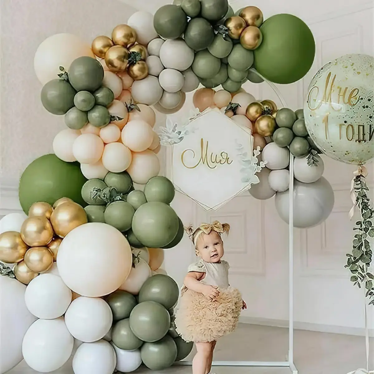 PartyWoo Sage Green Balloons 100pcs Pack Gold and Sand White Balloons | Assorted Colors Value Pack - view 3