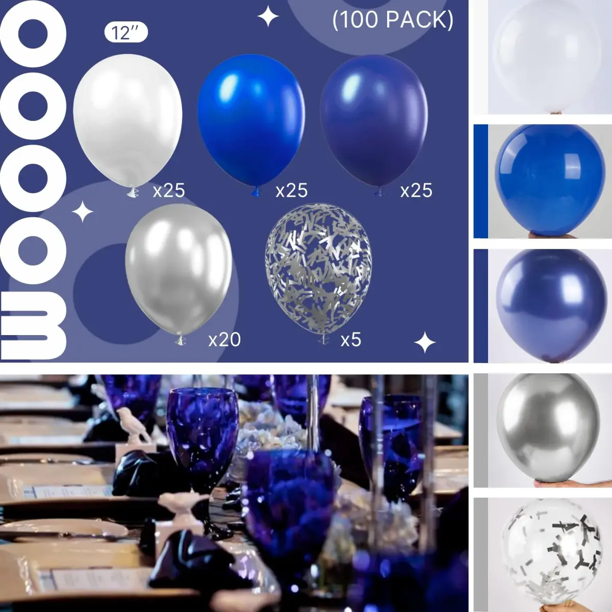 PartyWoo Blue and Silver Balloons 100pcs Royal Blue Silver Balloons | Assorted Colors Value Pack - view 2