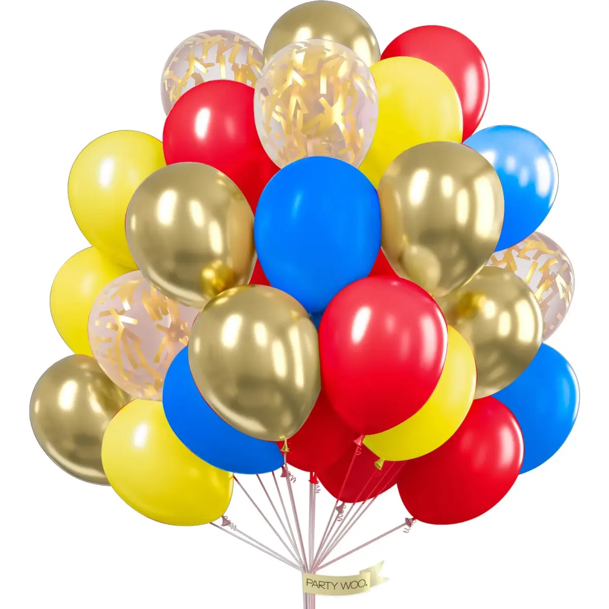 PartyWoo Red Yellow Blue Balloons 100pcs 12 Inch Assorted Colors | Birthday Party Decorations - main product image
