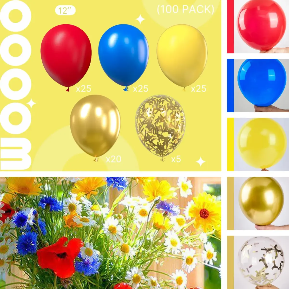 PartyWoo Red Yellow Blue Balloons 100pcs 12 Inch Assorted Colors | Birthday Party Decorations - view 2