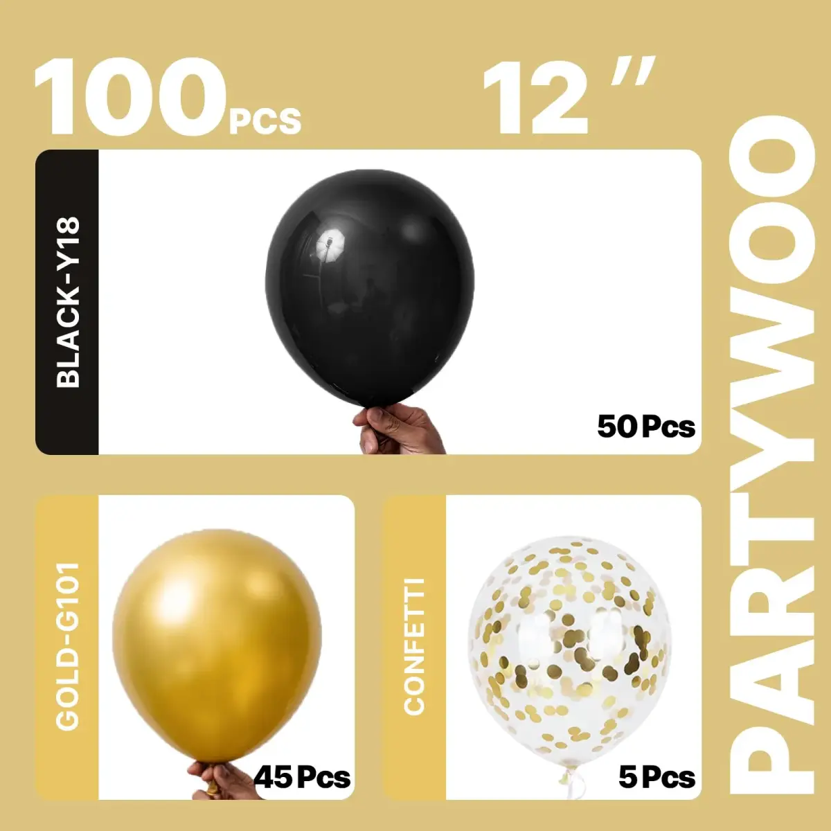 PartyWoo Gold and Black Balloons 100pcs Black Metallic Gold Balloons | Assorted Colors Value Pack - view 2