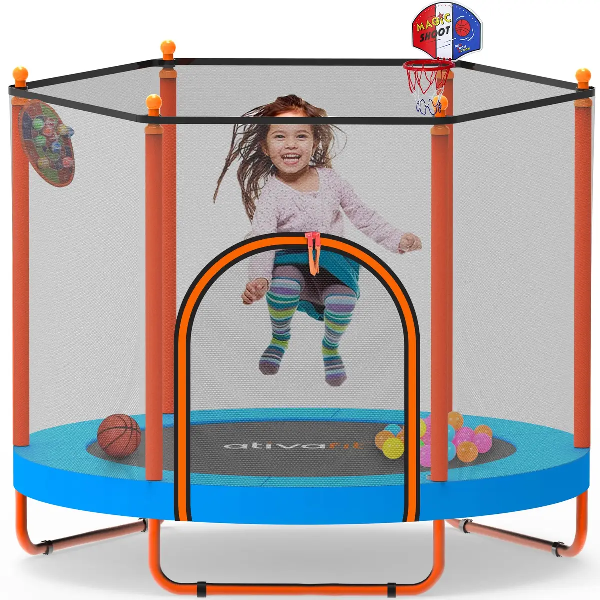 ATIVAFIT 60″ Indoor-Outdoor Kids Trampoline Mini Rebounder with Safety Net & Hoop, Ideal for Toddlers and Children 1-8 | Safe & Bouncy Fun - main product image