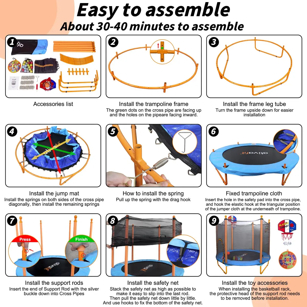 ATIVAFIT 60″ Indoor-Outdoor Kids Trampoline Mini Rebounder with Safety Net & Hoop, Ideal for Toddlers and Children 1-8 | Safe & Bouncy Fun - view 7