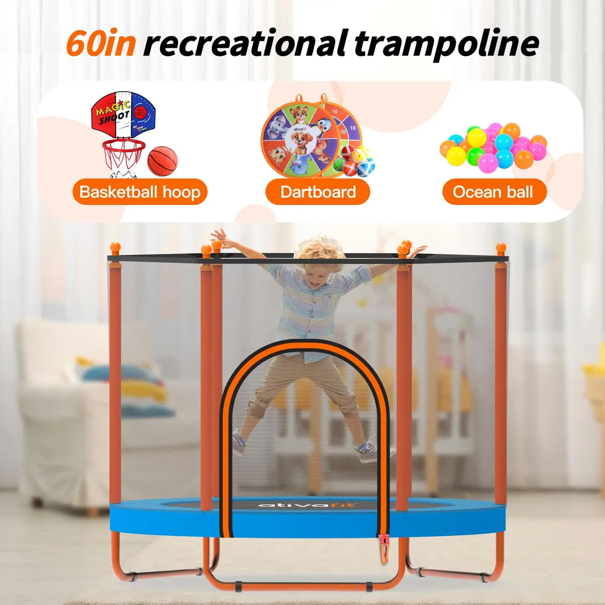 ATIVAFIT 60″ Indoor-Outdoor Kids Trampoline Mini Rebounder with Safety Net & Hoop, Ideal for Toddlers and Children 1-8 | Safe & Bouncy Fun - view 4