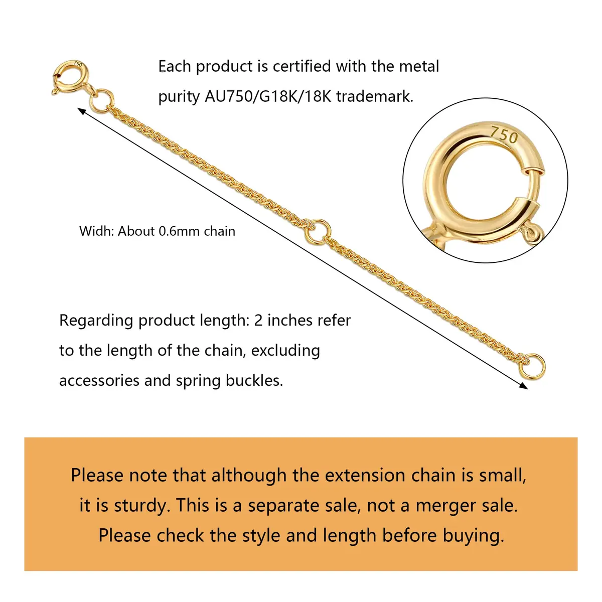 LANCHARMED 18K Solid Gold Extender for Necklace Bracelet Adjustable | Durable 2 Inch Chain - view 2