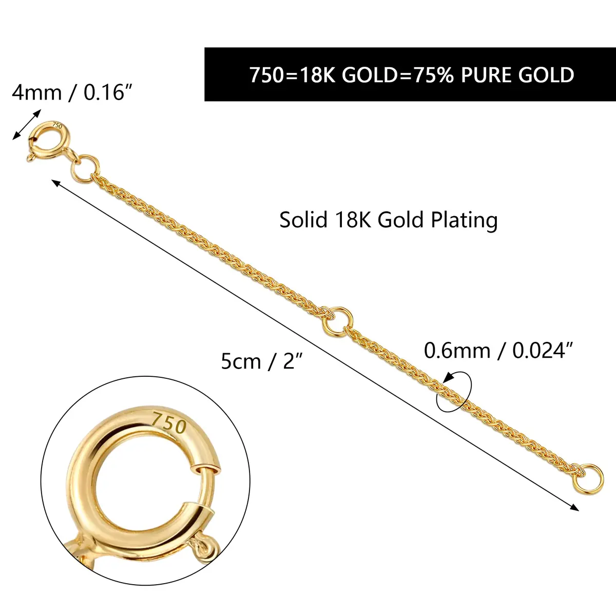 LANCHARMED 18K Solid Gold Extender for Necklace Bracelet Adjustable | Durable 2 Inch Chain - view 3