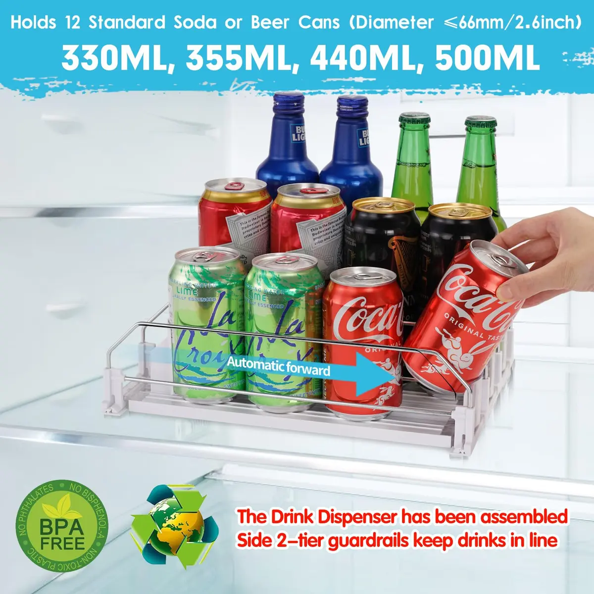BingoHive Automatic Soda Can Organizer for Refrigerator 12 Can Capacity | Space-Saving Beverage Dispenser - view 2