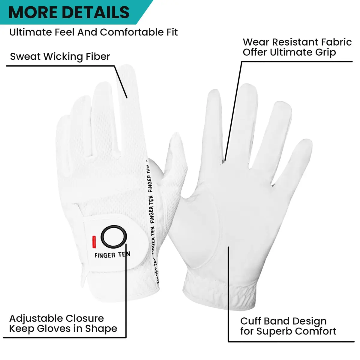 FINGER TEN Rain Grip Golf Gloves Men XX-Large (156 g / 6 oz) | All-Weather Ambidextrous Fit - view 2